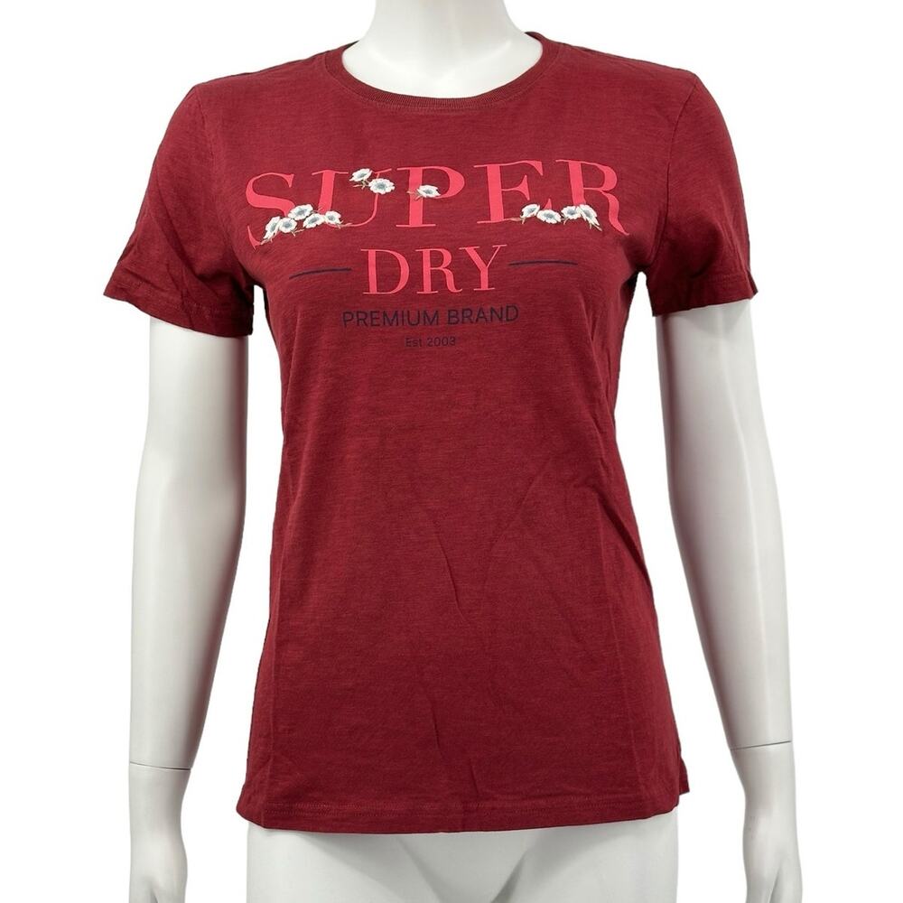 Superdry Top Womens 6 Burgundy Serif Floral Embroidered Graphic Logo 100% Cotton